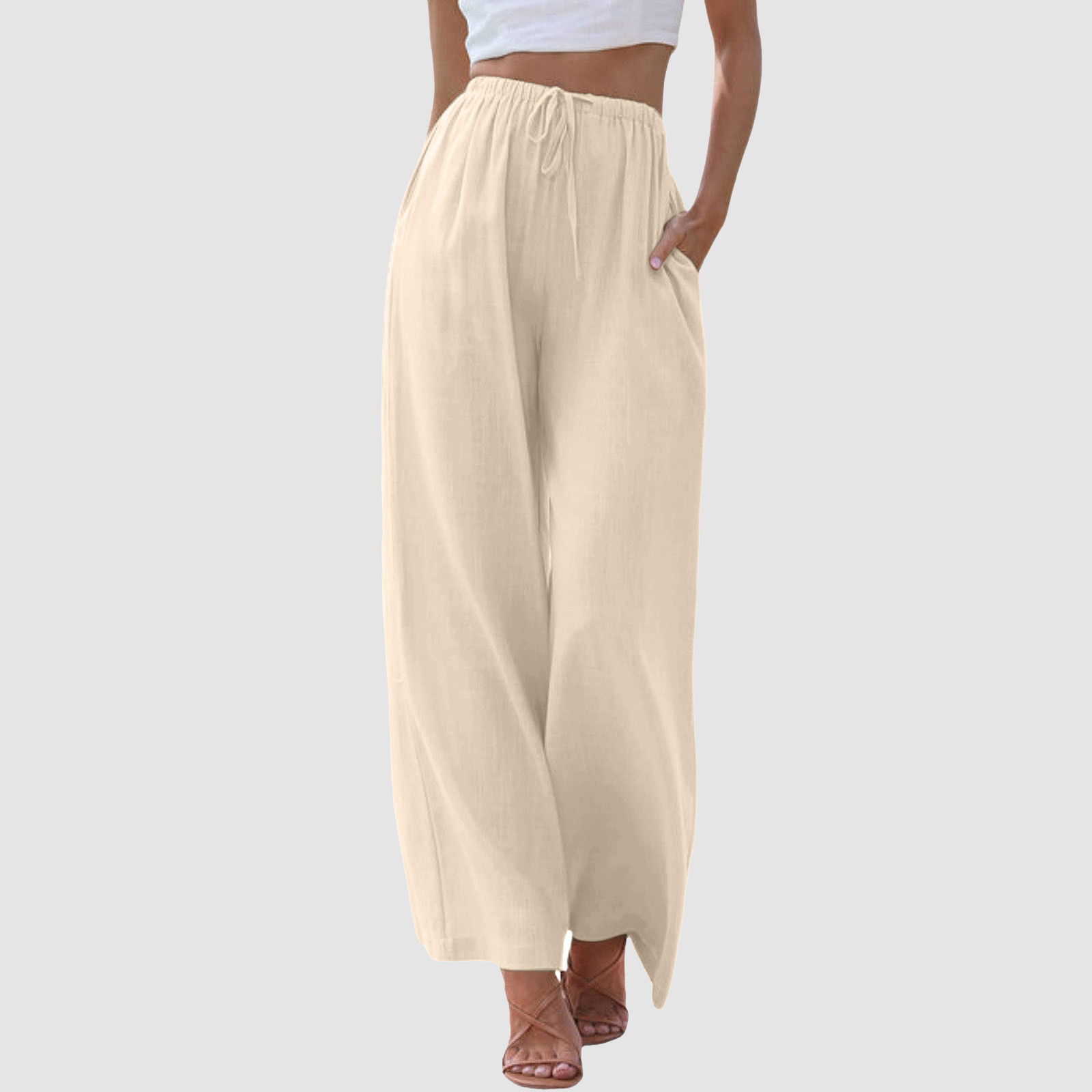 thumbnail image 2 of Pantalones de cintura alta y pierna ancha para mujer - Elástico con cordón, pierna recta cómoda, con bolsillos, 2 of 7